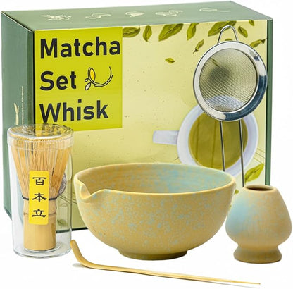 Matcha Whisk Set,Matcha Set,Matcha Kit,Matcha Bowl with Spout,Scoop,Sifter,Bamboo Whisk,Chasen Holder,Unique Gifts for Women Grifend,Gifts for Christmas, Birthday,Halloween(Yellow)