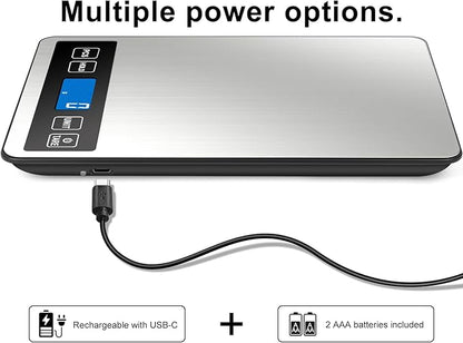 Fuzion Food Scale, 1g/0.1oz Digital Kitchen Scale - 22lb, 7 Units, Tare & PCS, Rechargeable Power, Tempered Glass & Stainless Steel - Food Weight Scale Grams and Ounces for Cooking, Baking