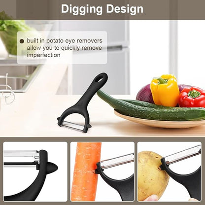 AUAUY 2PCS Potato Peeler, Y and I-Shaped Swivel Vegetable Peeler Set, Fruit Peeler for Kitchen, Non-Slip Grip Peeler, Ergonomic Handle Sharp Blade Stainless Steel Peeler（Black）