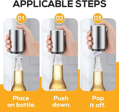 6 Pack Premium Beer Bottle Opener (Silver), Automatic Bottle Openers, Stainless Steel Push Down Beer Opener, No Damage to Bottle Cap, Portable Pop the Top Bottle Opener for Home Bars Camping Party