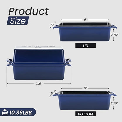 2 in 1 Enameled Cast Iron Bread Pan with Lid, Perfect Bread Oven, Loaf Pans for Baking Homemade Sourdough Bread 9x5, 2 Piece set, Navy Blue