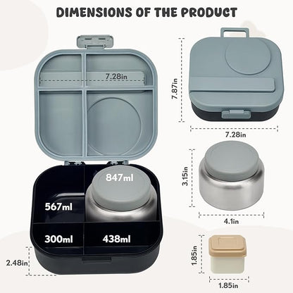 Bento Lunch Box for Kids with 12oz Soup Thermo,4 Compartments Lunch Box Containers Kids, Spoon&Sauce Jar, BPA Free&Leak proof,Insulated Food Jar for Travel(Black)