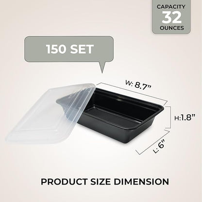 Klex 32 Oz, 150 Sets Meal Prep Containers with Airtight Lids, BPA Free, Reusable Plastic Food Container, 32 oz, Rectangular, Black/Clear, 150 Sets