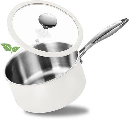 3 Quart Tri-ply Stainless Steel Saucepan with Glass Lid, Induction Sauce Pan Compatible with All Cooktops, Non-Toxic Sauce Pot with Stay Cool Handle, Oven & Dishwasher Safe