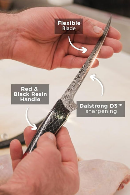 Dalstrong Fillet Knife - 7 inch - Scorpion Series - Exclusive Japanese V12 Ultra™ Steel - Black Damascus - Black & Red Honeycomb Resin Handle Cooking Boning Knife Gift - Custom-Fit Leather Sheath