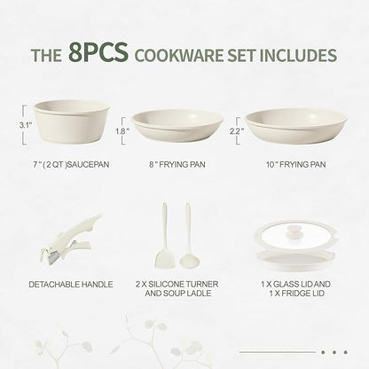 8pcs Ceramic Pots and Pans Set, Non Stick Cookware Set, Detachable Handle Cookware, Induction Kitchen Cooking Set with Removable Handle,Oven Safe, Induction Fast, Stackable Cookware Set