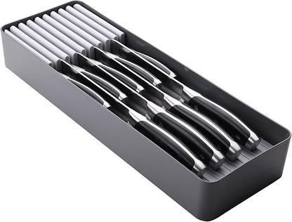 Linoroso Knife Drawer Organizer With In-Drawer Knife Block for 9 Knives, Kitchen Utensil Organizer, BPA Free Secure Storage Tray for Countertop Organization