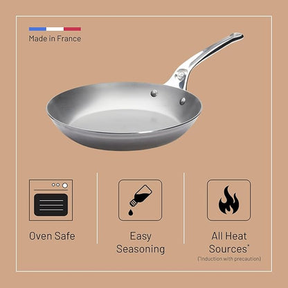 De Buyer MINERAL B Pro Carbon Steel Fry Pan - 9.5” Diameter, 6.9” Cooking Surface - Ideal for Searing, Sauteing & Reheating - PFAS, PFOA & PFOS Free - Made in France