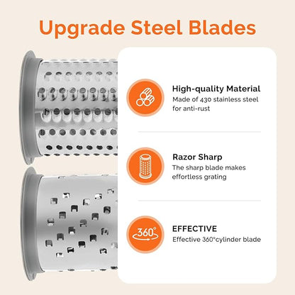 Patented Rotary Parmesan Cheese Grater, Hand Crank Cheese Shredder with Fine & Coarse Drums, Restaurant Quality, White, Stainless Steel & ABS, Dishwasher Safe