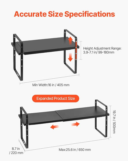 VEVOR Adjustable Kitchen Cabinet Shelf Organizer, Expandable 2 Tier Cabinet Shelf, Stackable Countertop Organizers and Storage Risers, Pantry for Kitchen Bathroom Office, Black