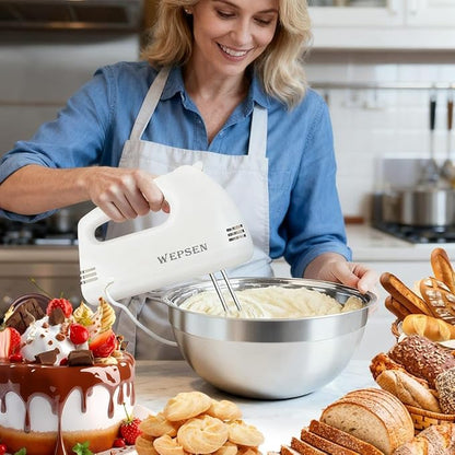 Hand Mixer Electric Mixing Bowls Set, 5 Speeds Handheld Mixer with 4 Nesting Stainless Steel Mixing Bowl, Measuring Cups Spoons 200W Kitchen Blender Whisk Beater Baking Supplies For Beginner