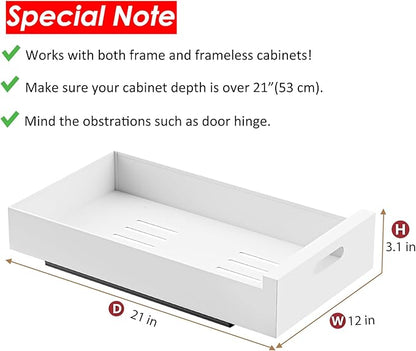 HBL' 1 Pack | 21" Deep Pull Out Cabinet Organizer Adhesive, 12-Inch Wide Sturdy Carbon Steel Roll-Out Drawers for Face Frame or Frameless Cabinets,Slide-Out Shelves for Pantry.