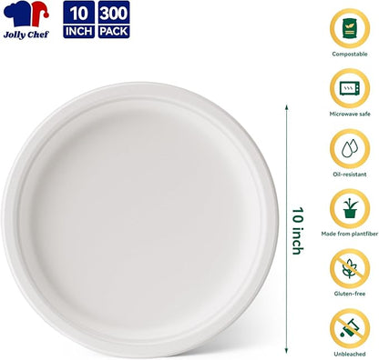 JOLLY CHEF Compostable Heavy Duty Plates 𝟭𝟬 𝗜𝗻𝗰𝗵 [𝟯𝟬𝟬 𝗣𝗮𝗰𝗸] Eco-Friendly Disposable White Paper Plates Made of Bagasse Biodegradable Bulk for Party Dinner Sugarcane Thanksgiving Day