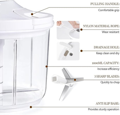 LHS Manual Food Processor Large Vegetable Chopper, 1000ML Pull String Chopper Garlic Mincer Onion Cutter for Veggies,Salad,Fruits, Nuts, BPA Free, WHITE