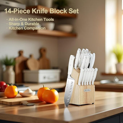 Harriet 14-Piece Knife Block Set, High-Carbon Stainless Steel Chef Knives with Triple Rivet Handles, Sharpening Steel & Multifunctional Shears | Santoku, Bread, Steak Knives & Wood Block