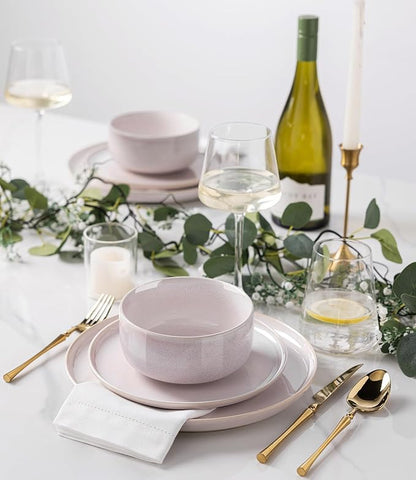 TheTerra Ceramic Dinnerware Sets for 4, 12 Pieces Handmade Reactive Glaze Plates and Bowls Set, Scratch Resistant Dish Set, Oven & Microwave & Dishwasher Safe, Primrose Pink