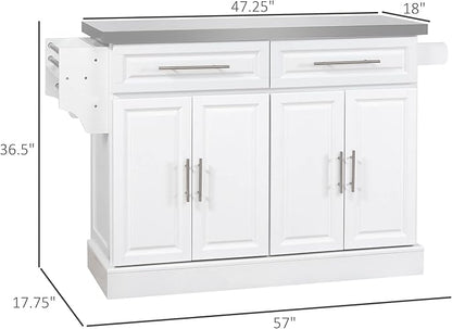 HOMCOM Rolling Kitchen Island Cart with Wheels, Portable Island Table for Kitchen with Stainless Steel Top, Adjustable Shelves, 2 Drawers, Spice, Knife and Towel Rack, White