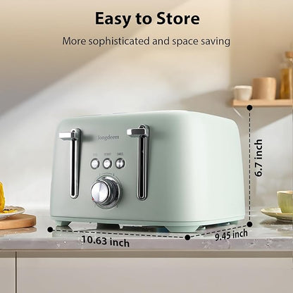 LONGDEEM 4-Slice Toaster 1.5" Extra Wide Slot Stainless Steel with High Lift Lever, 6 Presets & Bagel/Defrost/Cancel Function, Removal Crumb Tray, Under Base Cord Storage, Green