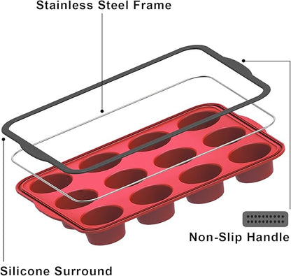 Aichoof Non-Stick Silicone Muffin Pan With Reinforced Stainless Steel Frame Inside,12 Cup Regular Muffin Baking Mold, 12 Cup Muffin Tin, BPA Free,Dishwasher Safe, Red