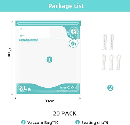 24pc BPA Free Vacuum Sealer Bags, Reusable Sous Vide & Food Storage, 20pc Vacuum Zipper Bags & 4 Seal Clips (11.8x13.4 Inch)
