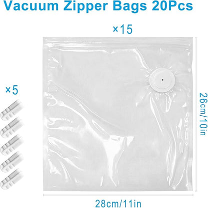 MEGAWISE Vacuum Zipper Bags 15Pcs (10 * 11in), BPA Free, Reusable Food Storage Bags with Air Valve for Sous Vide Cooking/Freezer/Microwave Heating, with 5 Seal Clips.