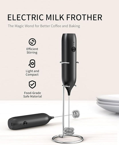 CIRCLE JOY Rechargeable Milk Frother Handheld with Stand, Coffee Frother Wand Drink Mixer with Dual Spring Whisk for Coffee, Cappuccino, Lattes, Frappe, Matcha and Hot Chocolate, Black