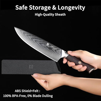 Chef Knife,8inch Damascus knife,67-Layer High Carbon Stainless Steel Kitchen Knife,Professiona Sharp Cutting Knives with Ergonomic G10 Red Black Handle,Gift Box for Home and Kitchen Birthday Gift