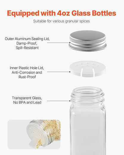 VEVOR Spice Rack Organizer for Cabinet, Spice Organizer with 72 Empty Spice Jars, Lids, Spice Labels, and Funnel Complete Set, Seasoning Organizer for Countertop, Kitchen, Pantry, Cupboard, 23x16 in