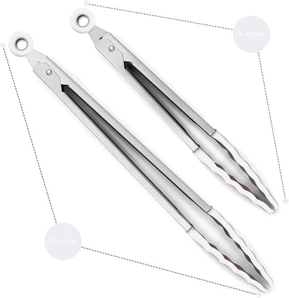 Premium Silicone Set of 2 Cooking Tongs, 9-Inch & 12-Inch BPA Free Non-Stick Stainless Steel BBQ Grilling Locking Food Tong, Light Grey
