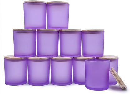SHOWIN 14 OZ Thick Candle Jars for Making Candles 12 Pcs, 3 Wick Empty Jars with Wood Lids for Candle Making, Sample Container, Frosted Purple