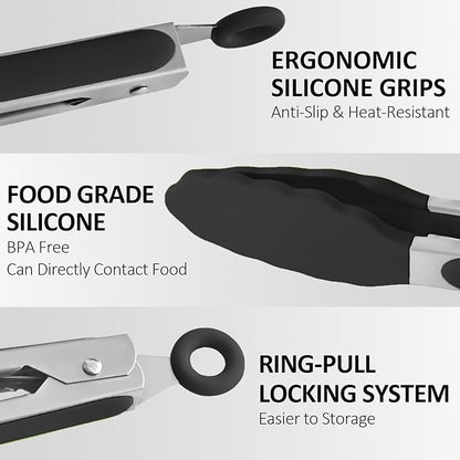 9 Pieces Silicone Tongs for Cooking 7,9,12 inches Kitchen Tongs with Silicone Tip Stainless Steel Heat Resistant Cooking Tongs for Food Grill Salad BBQ Frying and Serving, Black