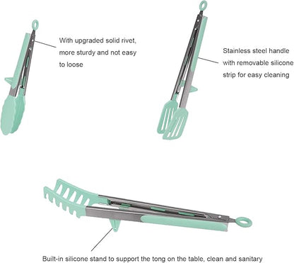 4 Pack Silicone Kitchen Cooking Tongs Set, Stainless Steel Nonstick Food Tong with BPA Free Silicone Tips for Serving Pasta Spaghetti Steak Pie Pizza Salad Vegetable Fruit Grilling BBQ Buffet 9" & 12"