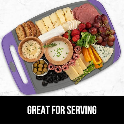 GORILLA GRIP BPA-Free Reversible Kitchen Cutting Board Set of 3, US Designed, Nonporous, Juice Grooves Catch Liquid, Slip Resistant Border, Dishwasher Safe, Durable Food Chopping Boards, Purple Gray