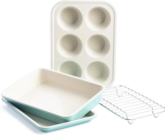 GreenLife Bakeware Healthy Ceramic Nonstick, 4 Piece Toaster Oven Baking Set with Cookie Sheet Muffin and Cake Pan, PFAS-Free, Turquoise