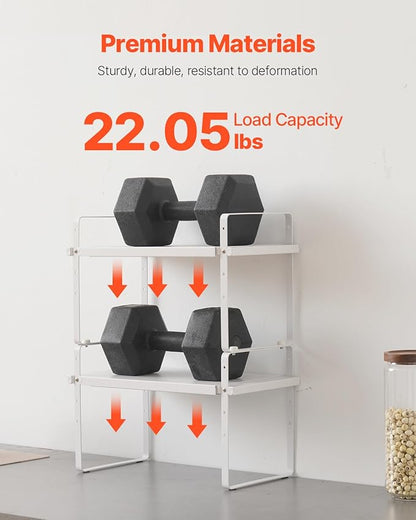VEVOR Adjustable Kitchen Cabinet Shelf Organizer, Expandable 2 Tier Cabinet Shelf, Stackable Countertop Organizers and Storage Risers, Pantry for Kitchen Bathroom Office, White
