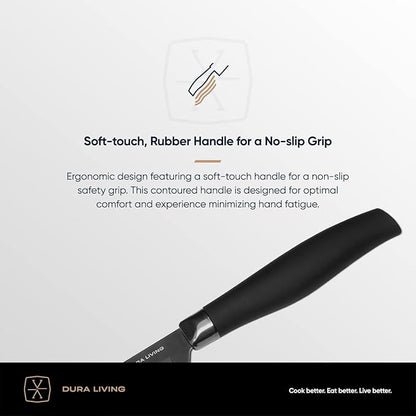 DURA LIVING Steak Knives, Steak Knives Set of 4, Nonstick Titanium High Carbon Stainless Steel Serrated Steak Knife, Soft Grip Handle, With Sheaths, Black Knife Set