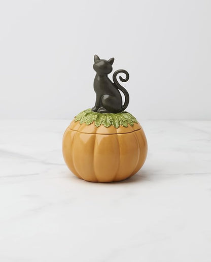 Lenox Haunted Halloween Covered Candy Jar, Porcelain Jar with Lid, 26oz Storage, Black Cat on Pumpkin, Jar for Sweets, Pumpkin Decor, Halloween Kitchen Decor, Halloween Cookie Jar, 5x7.25 inches