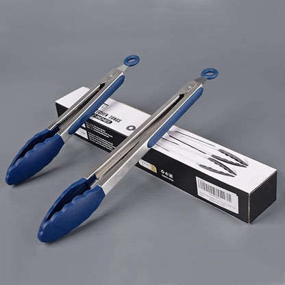 HOTEC Premium Stainless Steel Locking Kitchen Tongs with Silicon Tips, Set of 2-9" and 12", Classic Blue