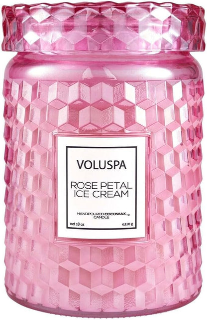 Voluspa Rose Petal Ice Cream, Large Candle Jar, 18 Ounce, 100 Hour Burn Time, Coconut Wax for Clean Burning, Handcrafted in The USA