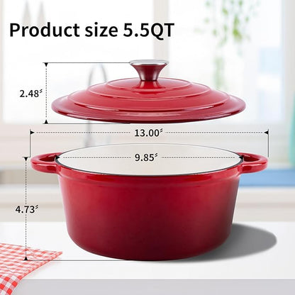 Enameled Cast Iron Dutch Oven Pot with Lid Heavy-Duty Cookware for Bread Baking, Braising, Stews, Roasting,5.5QT，red