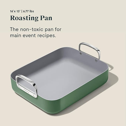 Caraway Roasting Pan - 16x13” Roasting Pan with Rack - Non-Stick Ceramic Coated - Non Toxic, PTFE & PFOA Free - Oven Safe & Compatible with All Stovetops - Sage