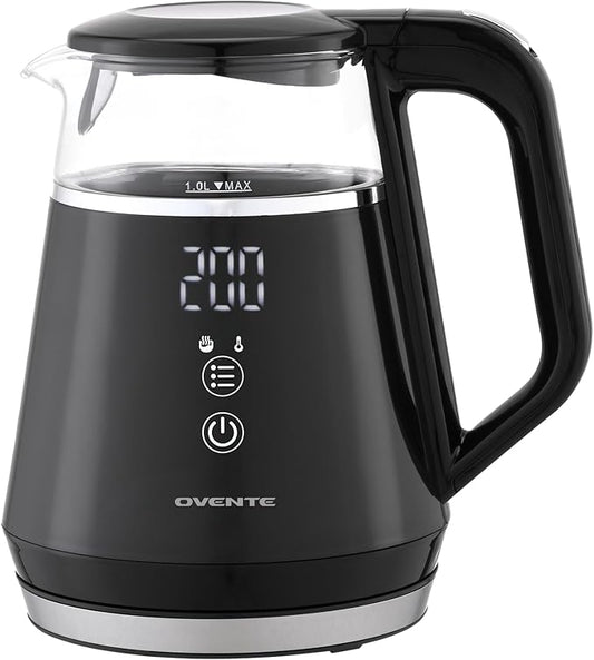 OVENTE 1L Small Electric Kettle with 5 Temperature Preset, Digital Display, 5Hr Keep Warm, Auto Shut-Off, Double-Wall Cool Touch Exterior, Borosilicate Glass,1500W BPA Free Water Boiler, Black KD95B