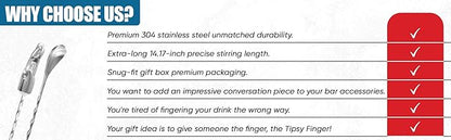 National Finger Company, Finger Cocktail Stirrer, Tipsy Finger, 36 cm, Stainless Steel Life-Size Finger Spoon, Funny Bar Spoon, Novelty Cocktail Stirrer, Gag Gift, Quirky Bar Tool