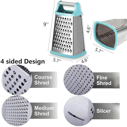 Multifunctional Stainless Steel Grater Slicer with Handle, Large 4 Sides Cutter for Ginger, Garlic, Cucumbers, Carrots, Cheese, Potato，Dishwasher Safe （ Mint）