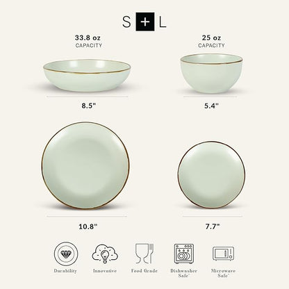 Stone Lain, Stoneware, Service for 4, Light Green, Plates and Bowls Sets, Dinnerware Set with 4 Dinner - & 4 Salad Plates, 4 Pasta - & 4 Round Bowls, Dishwasher & Microwave Safe, 16-Piece