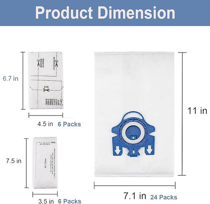 24 Pack 3D Airclean GN Vacuum Bags Compatible with Miele Classic C1, Complete C1, Complete C2, Complete C3, S400i S600 S2 S5 S8 Series, 6 Motor Protection Filters 6 AirClean Filters 1 Cleaning Brush