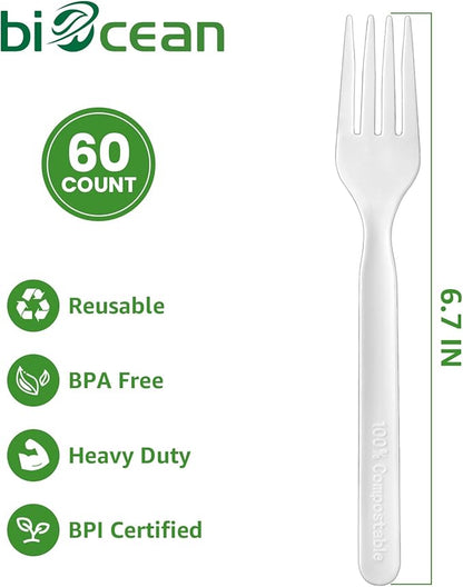 100% Compostable Forks 60 Count Disposable Forks Heavy Duty Utensils Set Fork Silverware Eco Friendly Flatware Plastic Free for Party Camping Picnics Wedding-Ivory White