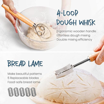 Rorecay Banneton Bread Proofing Baskets Set of 2, 10 Inch Oval Cane Sourdough Bread Rising Basket Bowls with Sourdough Bread Lame Dough Scraper Basting Brush for Sour Dough Proofing Fermentation
