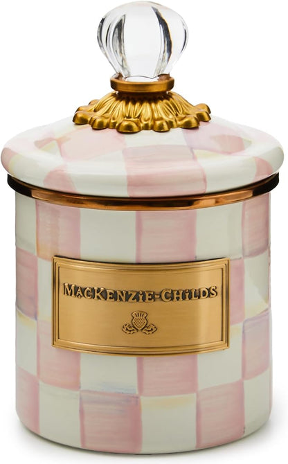 MACKENZIE-CHILDS Rosy Check Enamel Canister, Pink-and-White Kitchen Storage Container with Lid, Demi