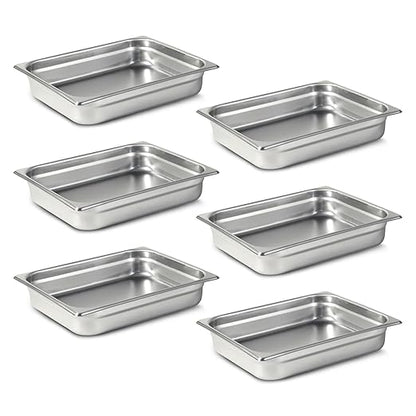 1/2 Hotel Pans 2.5 Inch Deep Stainless Steel Food Pan - Anti-Jam 6 Pack Steam Table Pan Set for Catering, Buffet Use, Kitchen Prep